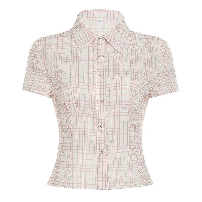 

European and American Women s Clothing American Retro Pink Short Sleeve Plaid Shirt Women s Waist-Tight Slim Looking Cotton and Linen Breasted Tops Pink S