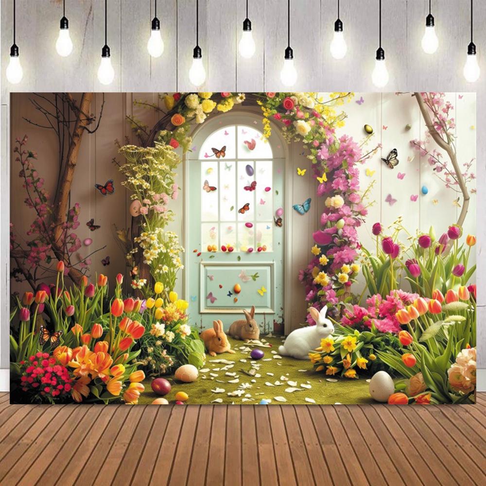 Easter Day Photo Background Flower Green Arch Easter Eggs Rabbit Kids Portrait Baby Shower Birthday Party Decor Backdrop Props8
