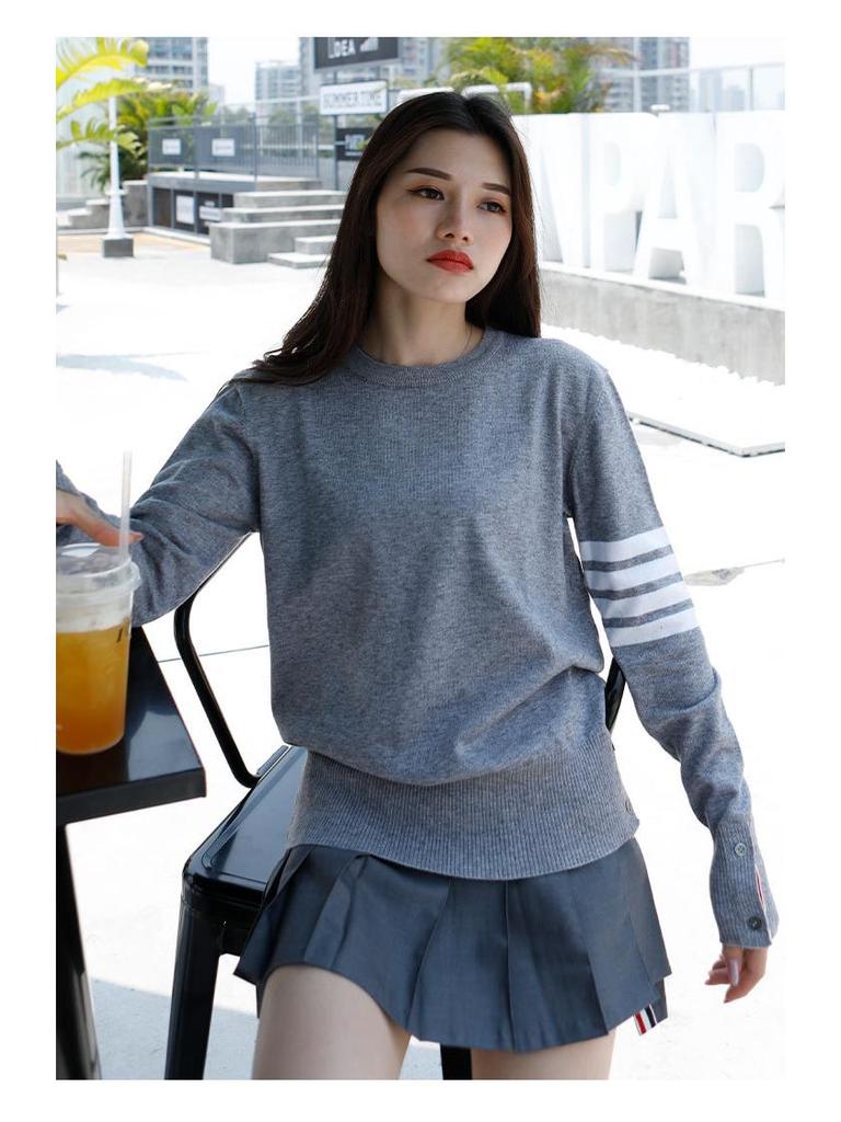 TB BROWIN Wool Four-Bar Round Neck Sweater