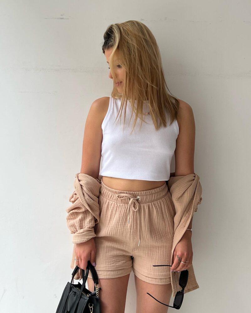 2024 Autumn Women's Two-Piece Set: Wrinkled Long Sleeve Shirt & High Waist Drawstring Shorts