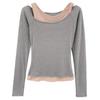Korean Style Slim-Fit Faux Two-Piece T-Shirt for Women - Autumn/Winter, Elegant Color Block Design