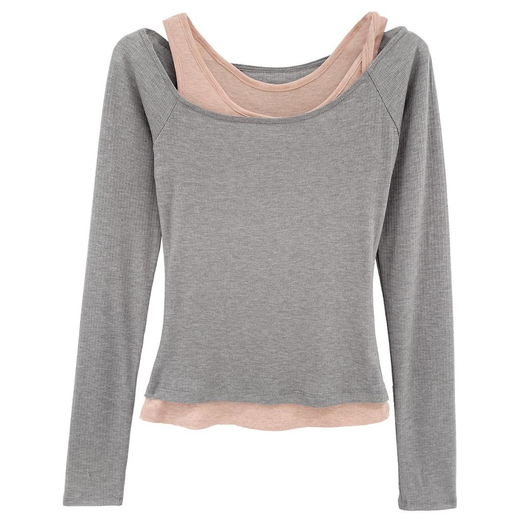 Korean Style Slim-Fit Faux Two-Piece T-Shirt for Women - Autumn/Winter, Elegant Color Block Design