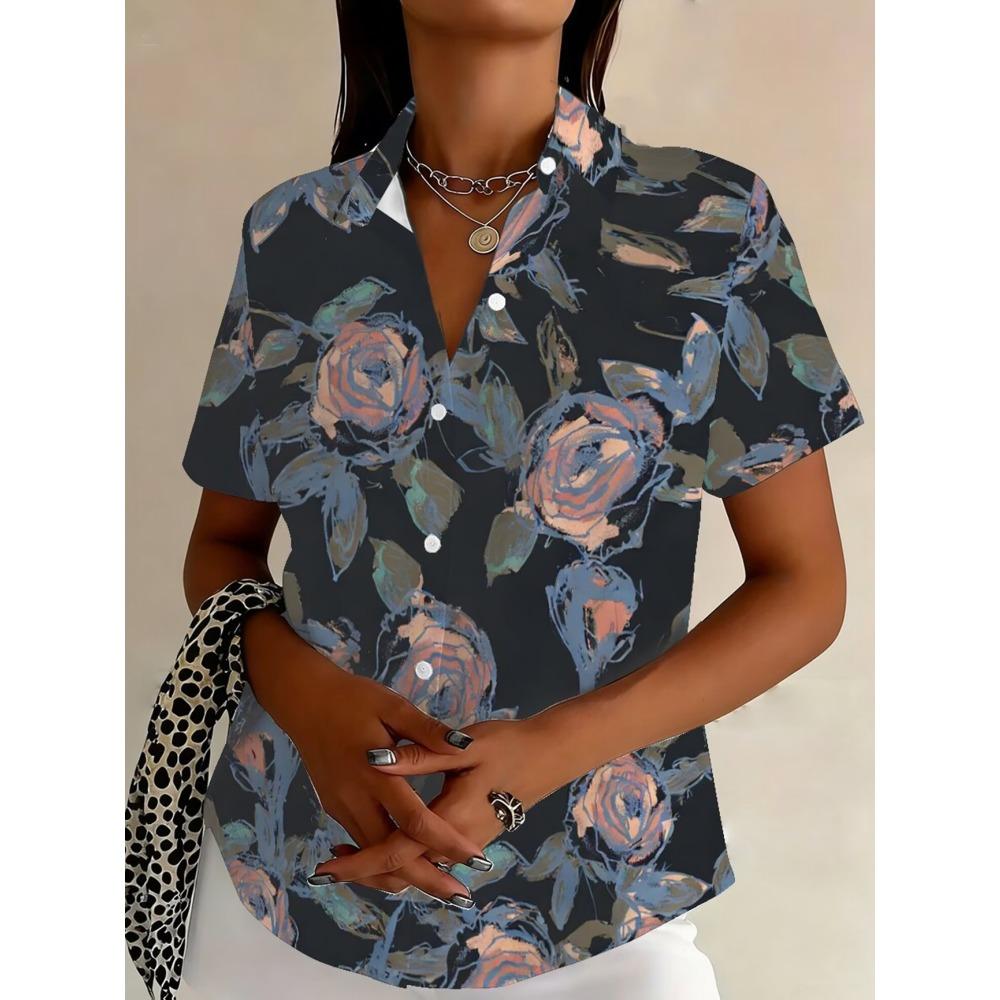 Minimalist and personalized print women s short sleeved lapel shirt, summer fashion, daily versatile casual top XL