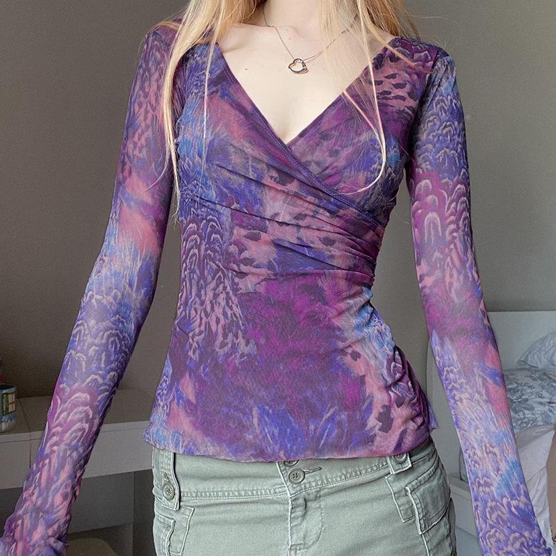 French Romantic Purple V-Neck Pleated Waist Retro Top with Long Sleeves