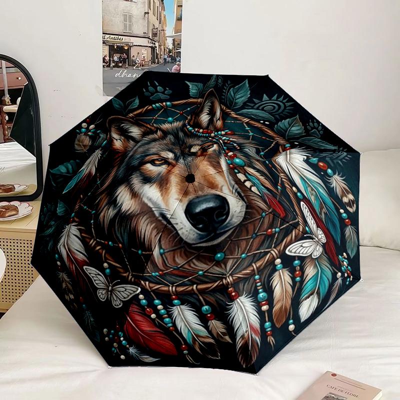 Indian Wolf Dreamcatcher Umbrella 8-Frame for Travel, camping, Casual Lightweight Portable Umbrella, Essential for every family Holidays Gift