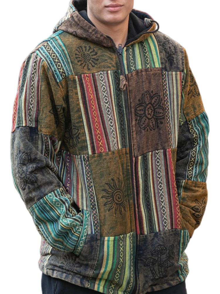 Spring stand-up collar print long-sleeved casual hooded sweater contrasting striped zipper cardigan jacket men s clothing S