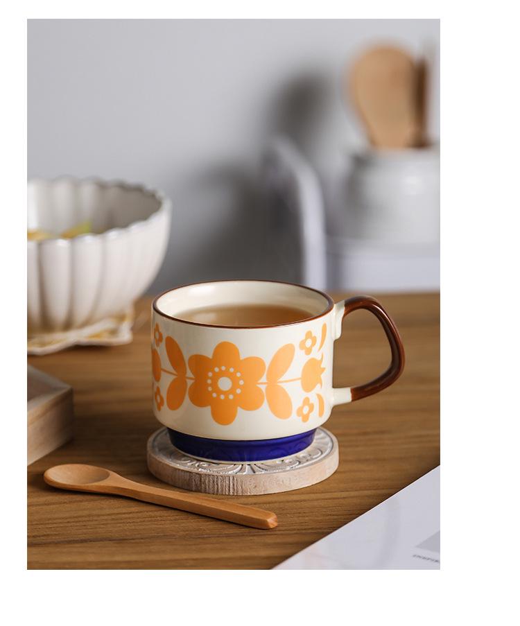 Japanese Retro INS Ceramic Drip Coffee Mug with Print - Stackable Creative Couple Breakfast Cup