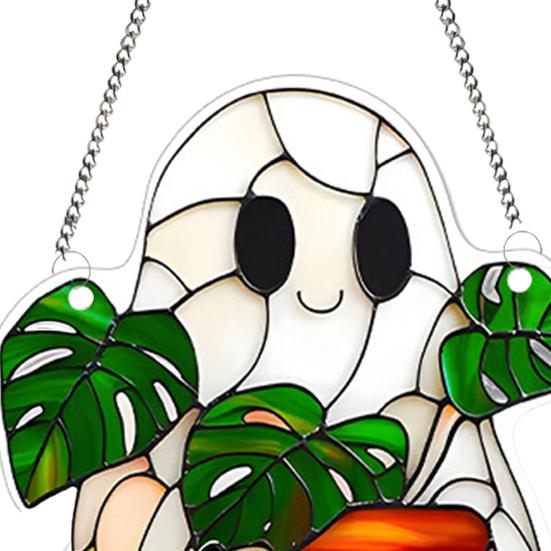 Halloween Ghost Black Cat Suncatcher Hanging Decoration Indoor Outdoor Home Garden Wall Window Hanging Stained Glass Acrylic Ornament Pendant