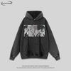 Oversized Anime Cartoon Print Washed Cotton Hoodie Men Loose Fit Streetwear Long Sleeve Sweatshirt