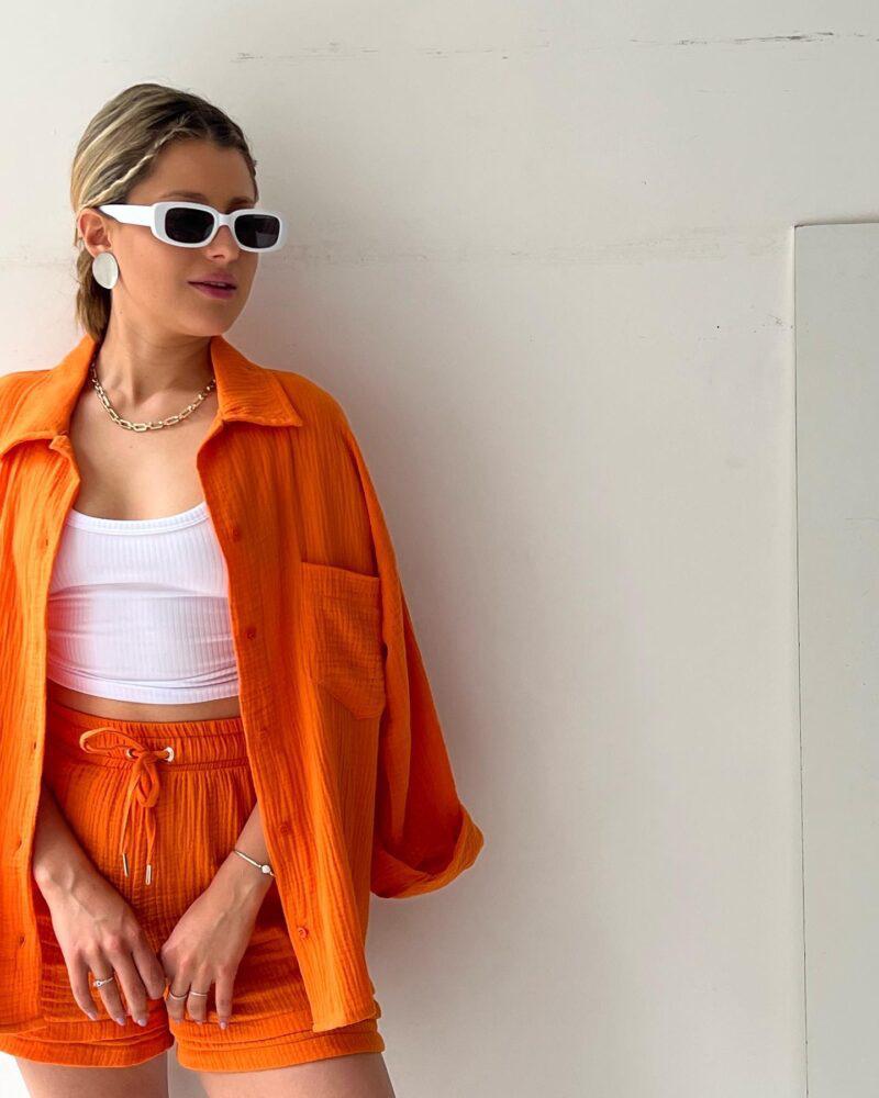 European and American Women's Crinkle Lapel Shirt & High Waist Shorts Two-Piece Set