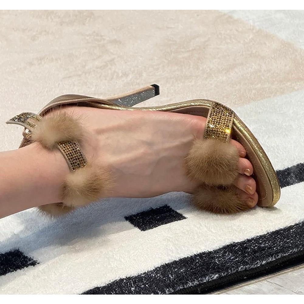 

Luxury Brand Designer Faux Fur Strap Ankle Strap Sandals Women Super High Heels Sandals Fashion Long Plush Party Dress Shoes 41 темного кольору хакі