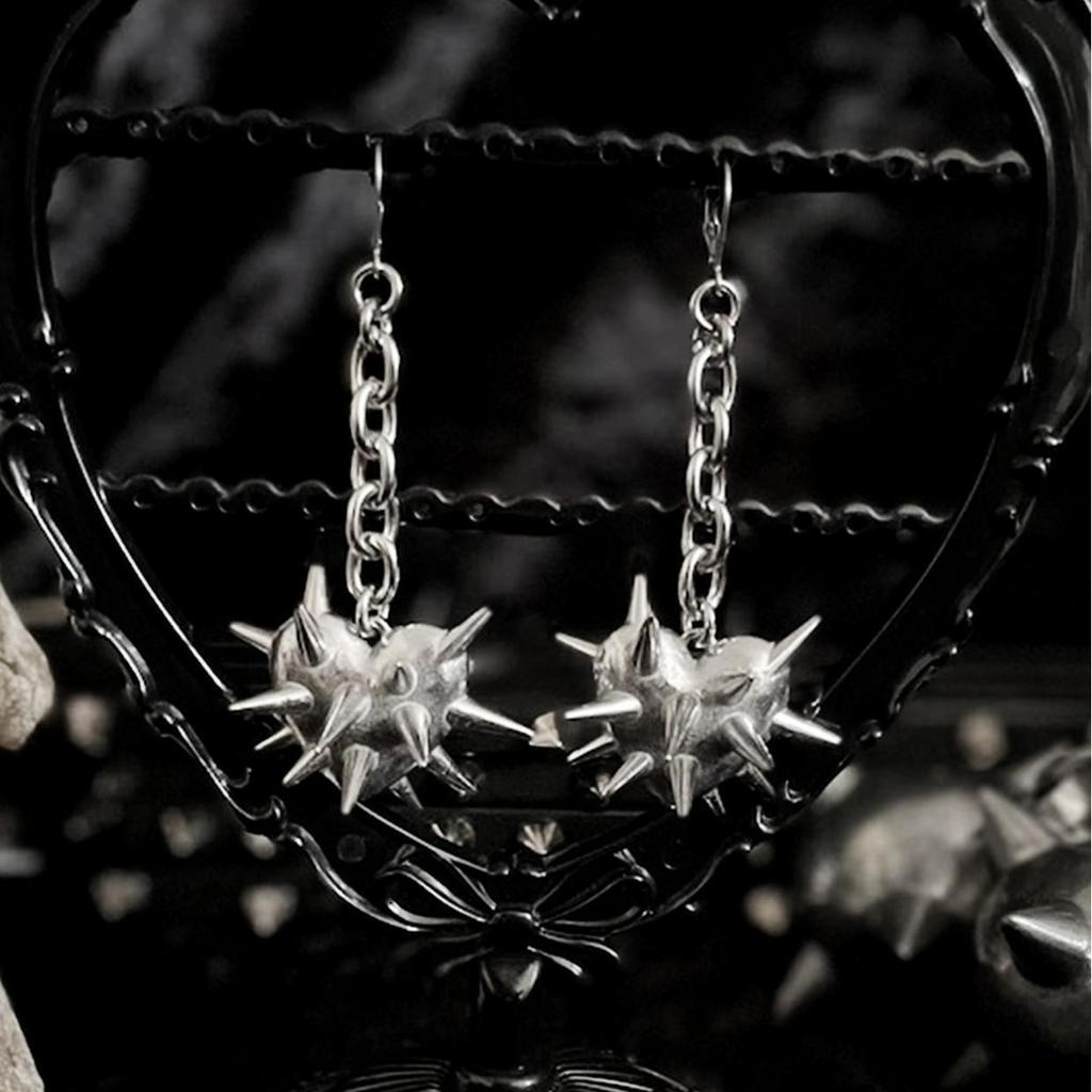 Dark Gothic Spike Heart Chain Earrings - European/American Cold Style