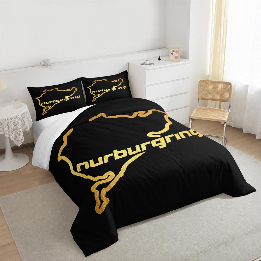 Gold Nurburgring Track Outline Bedding set (1 duvet cover, 2 pillowcases, duvet not included), Luxury Black Gold Circuit Logo Art Print