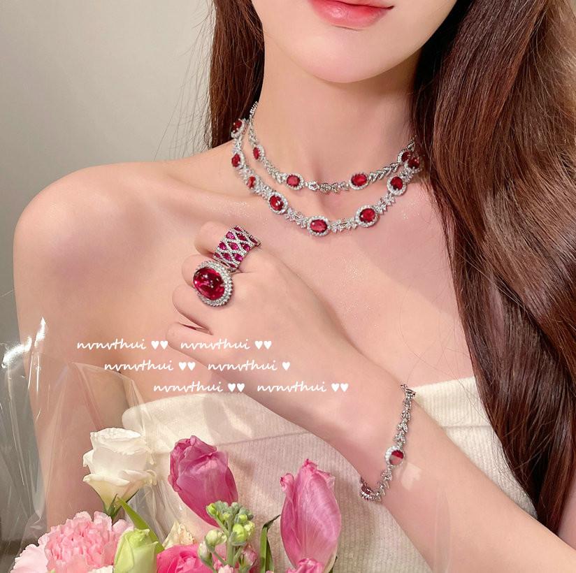 Myanmar Mogok Pigeon Blood Ruby Wheat Spike Necklace, Neon-Plated 18K Gold Christmas Red Zircon Bracelet Set