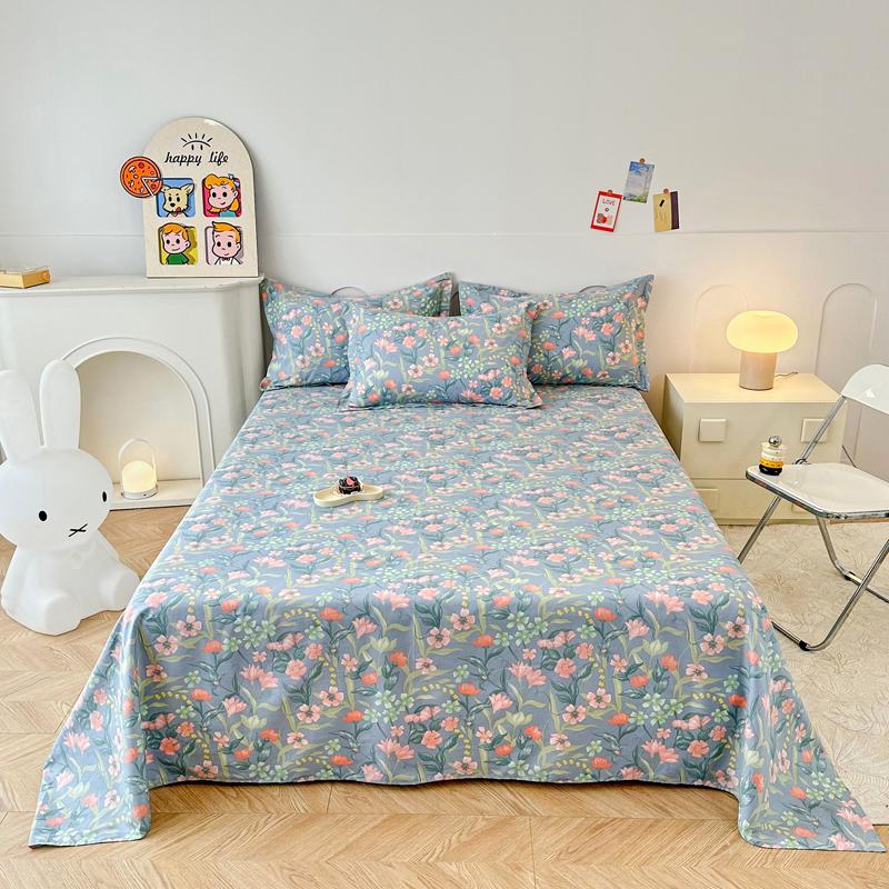 White Tulip Flower Flat Sheet Cotton Cartoon Bunny Blue Bed Sheet Set for Boys Girls Lovely Floral Rabbit Botanical Bed Cover