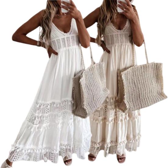 Plážové šaty s vyhloubenou krajkou letní dlouhé šaty s výstřihem do V na párty