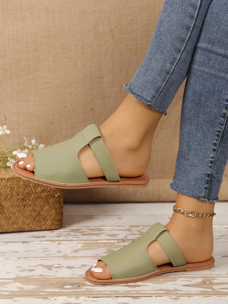 Fashion Ladies' New Summer Flat-bottomed Open-toed Slippers, Solid-color Fish-mouth Beach Cool Slippers