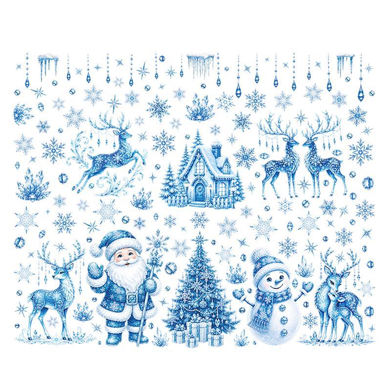 Blue Christmas Window Static Clings With Santa Snowman Reindeer Patterns For Home Xmas Party Decorations