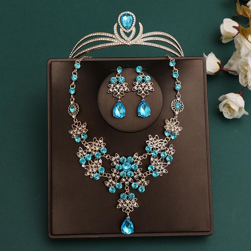 DIEZI Korean Sky Blue Crystal Crown Women Girls Headwear Luxury Bridal Bride Tiaras Necklace Earrings Wedding Party Jewelry Sets