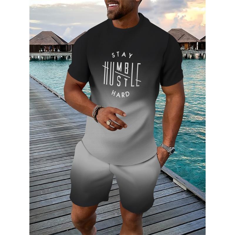 Men's Breathable Athletic Set Summer 3D Letter Print T-Shirt And Shorts Set Adult Lightweight Fitness Wear Casual Sportswear Set