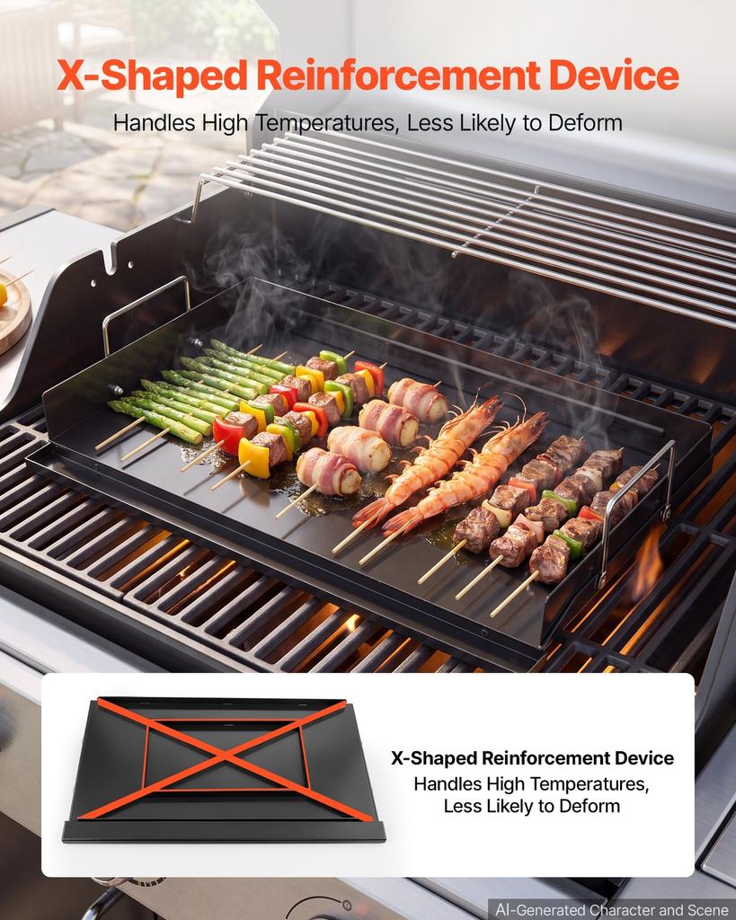 Carbon Steel Griddle 63x41 cm Flat Top Pre-Seasoned Plate Handle, for BBQ Eggs Burger, Even Heat Distribution, Non-Stick Portable Rectangular Family