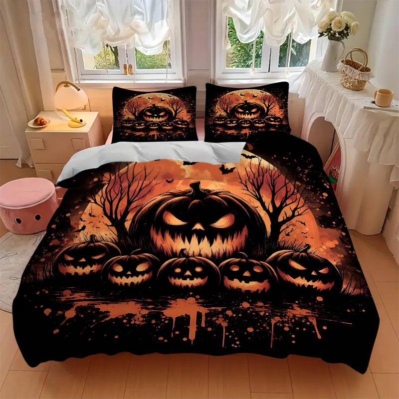 3pcs Scary Pumpkin Quilt Cover Set - Soft and Cozy Bedroom, Guest Room and Dorm Decorative Bedding 3-Piece Set 1 Quilt Cover + 2 Pillow Shams.N08