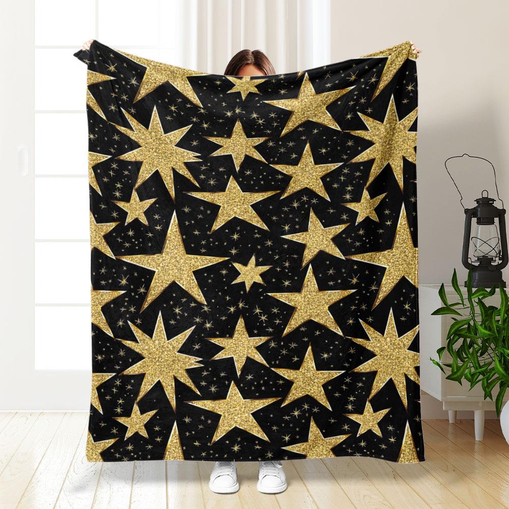 Gold Star Pattern Throw Blanket Black and Gold Glitter Design for Glamour Living Room Decor PartyGift Gift for Her 70x100cm28x39in