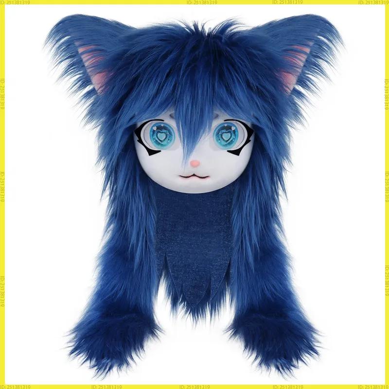 Cute Plush Furry Full Head Cat Mask Long Fur Big Heart Shaped Eyes Cosplay Costume Prop For Carnival Party Anime Role Play Coser