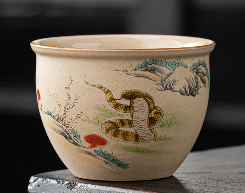 

1 Pc Chinese Vintage Coarse Pottery Tea Cup Handmade Zodiac Ceramic Tea Bowl Household Teaware Personal Master Teacup 150ml 8x5.8cm 150ml