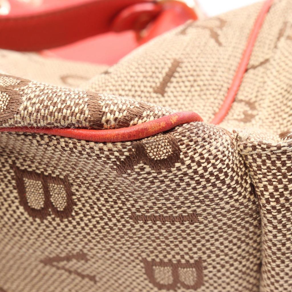Used BVLGARI Logo Mania 2WAY Handbag Canvas Leather Beige Pink Used Women
