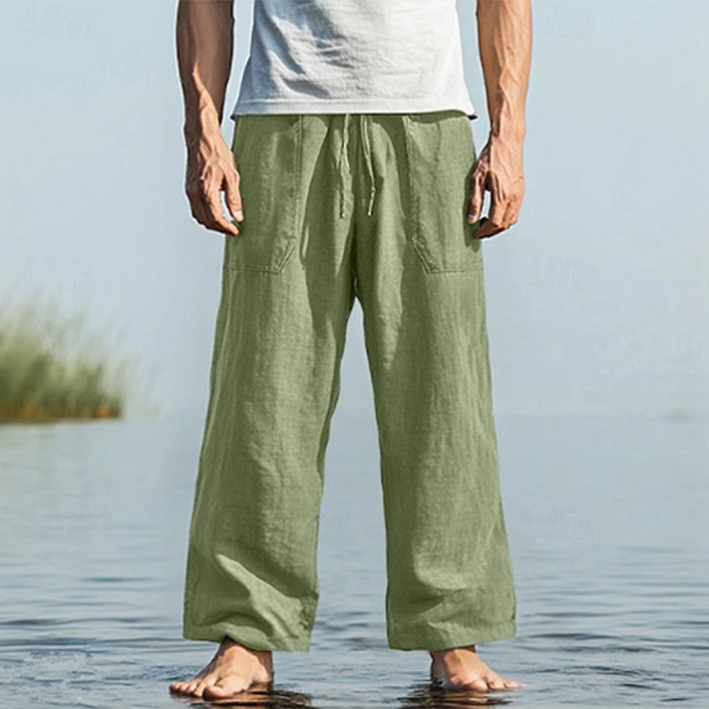 Men Linen Drawstring Waist Loose Fit Trousers Lightweight Straight Leg Casual Pants for Daily Wear Travel Yoga