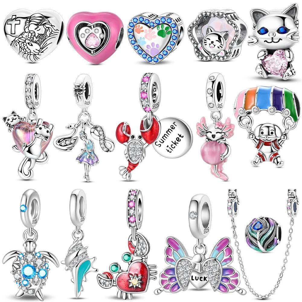 Original Butterfly Red Crab Crayfish Heart Blue Zircon Charm Beads Fit Braceletcopper Women Diy Fine Gift Jewelry Necklace