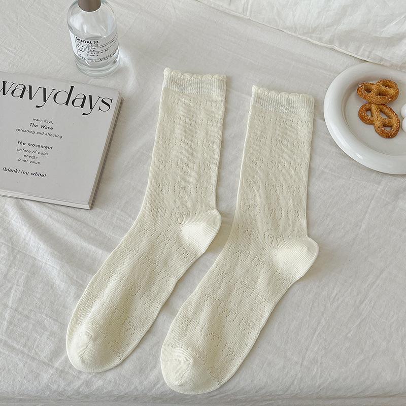 

White Pile Socks, Women s Summer Thin Cotton Socks, Cut-out Mid-calf Socks with Small Leather Shoes, Black Ice Socks 1 pair