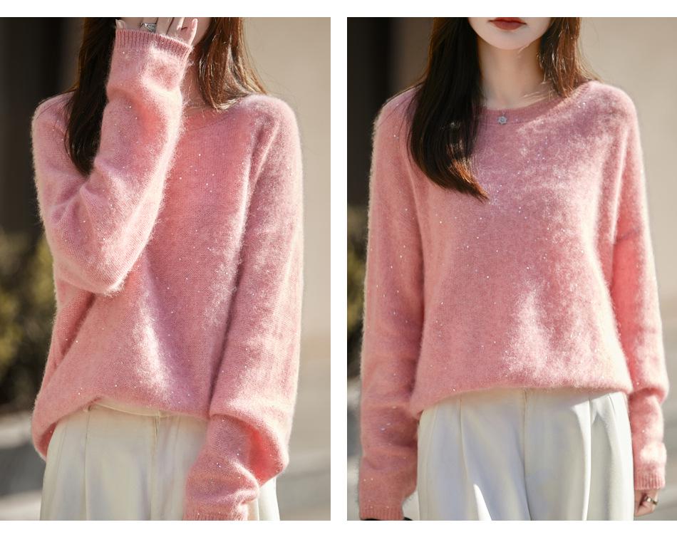 Red Sequined Double-Strand Brushed Wool Sweater - Autumn/Winter Korean Style, Soft Knitwear for Women