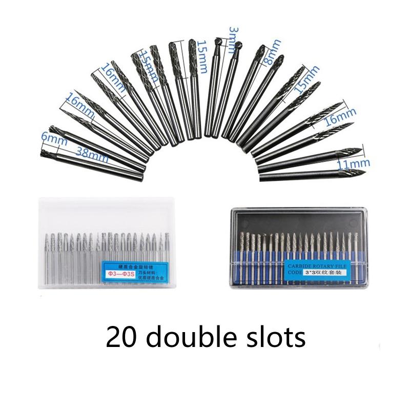 20 Pcs/Set Rotary Burr Set 3mm 1/8'' Shank Tungsten Steel Grinder Bits Engraving Bits Power Tool Accessories for Carving