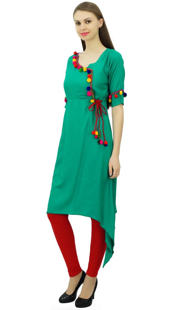 Phagun Angrakha Style Rayon Womens Tunic Kurta Pom-Pom Designer Kurti Top Indian