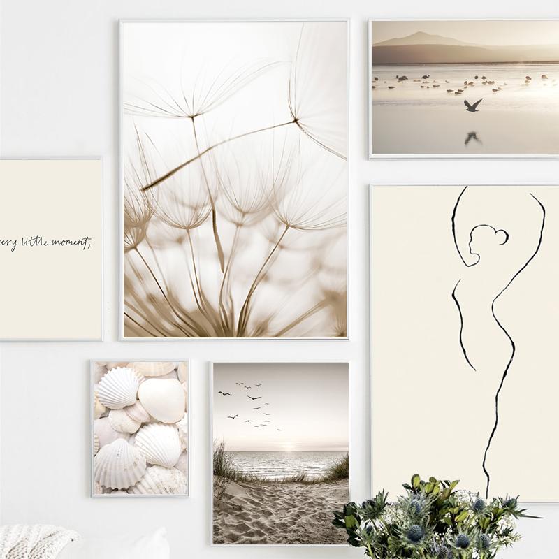 Nordic Wall Art White Shell Beach Flower Dandelion Canvas Painting  Posters and Prints Wall Pictures for Living Room Home Decor