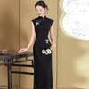 Elegant Black Embroidered Sleeveless Long Cheongsam Dress 2026 Modern Chinese Style Women