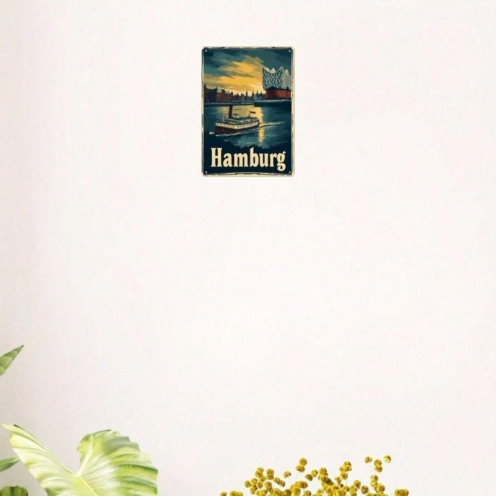 Vintage Metal Wall Art Hamburg Elbphilharmonie Cityscape Tin Sign for Living Room