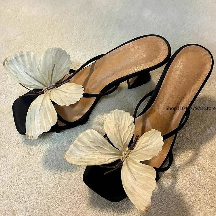 Fashion Women's High Heel Slippers Big Butterfly Alien Shape Square Toe Slippers Women Fashion Summer New Designer Zapatillas De Mujer