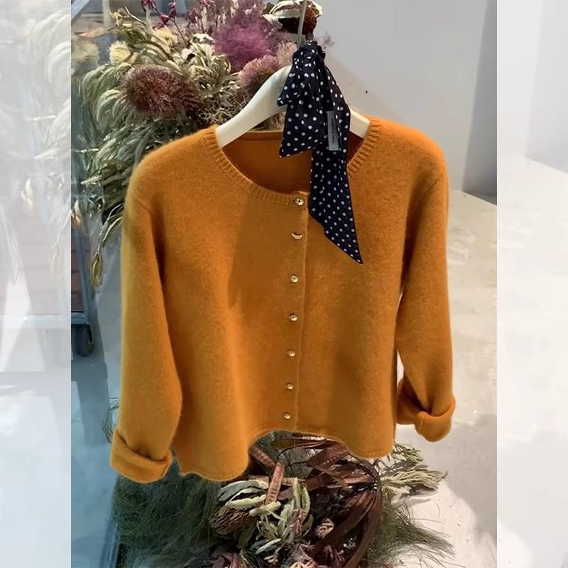Women's Orange Raccoon Knit Cardigan - Autumn/Winter Lazy Style Short Sweater Coat