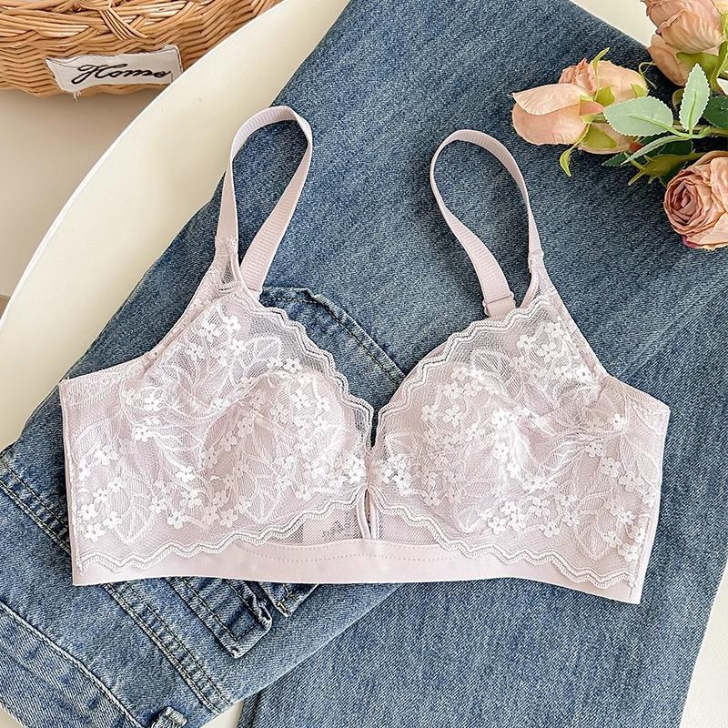 French Lace Crystal Cup Wireless Bra, Ultra Thin Minimizer Side Gathering Anti-Sag Bra for Full Bust Summer Women