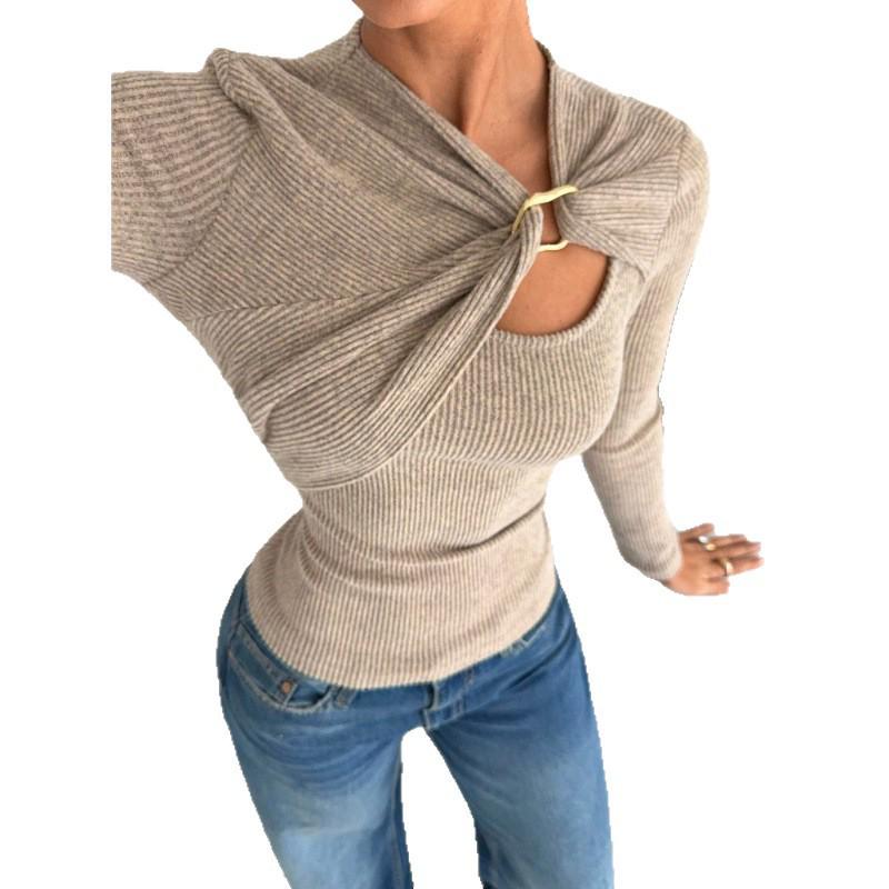 T-shirt Asymétrique à Manches Longues pour Femme avec Décoration Boucle Métallique Creuse pour l'Automne et l'Hiver