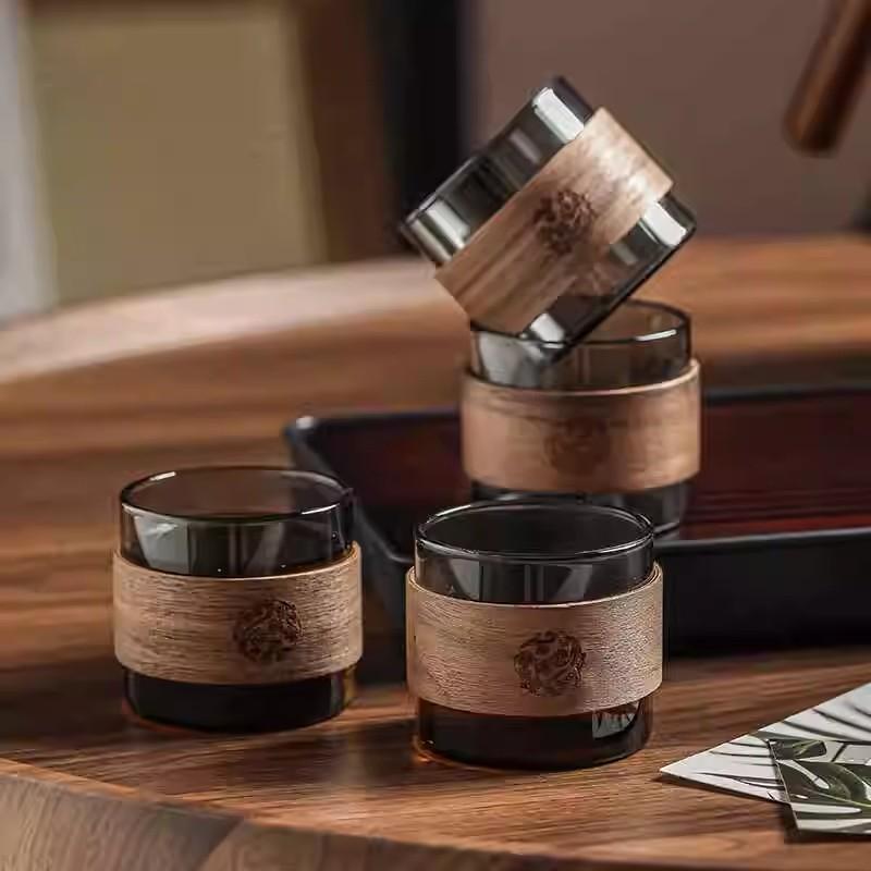 Set da 6 tazze da tè in vetro resistenti al calore da 150 ml, tazza da caffè espresso per la casa con supporto in legno antiscottatura, set da tè Kungfu Master