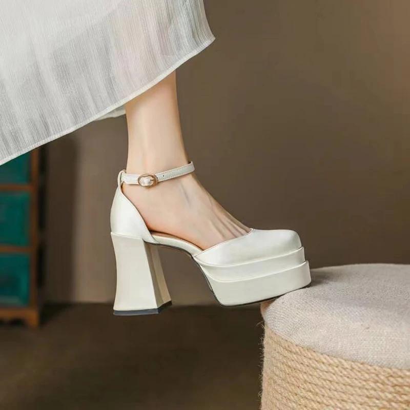 2025 Women'S High Chunky Platform Closed Toe Block Heels Square Toe Ankle Strap Dress Wedding Party Prom Pumps Shoes