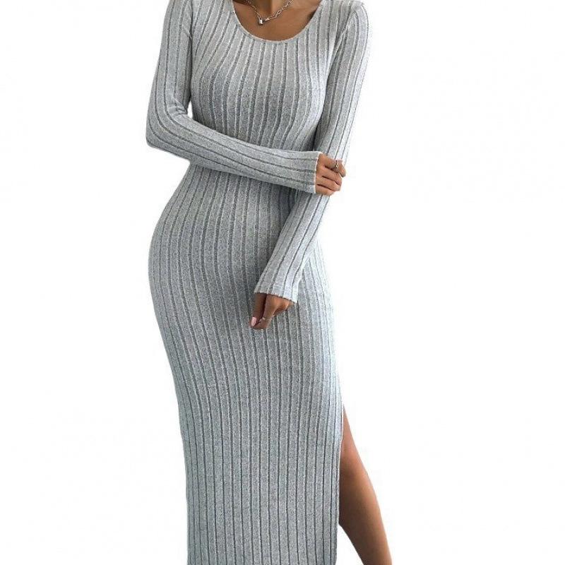 2025 Autumn/Winter Bestseller: European and American Women's Long-Sleeved Round Neck Slit Knit Dress.