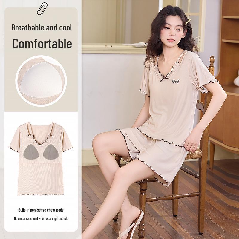 Ice Silk Ribbed Women's Sleepwear Set with Chest Pads – Short Sleeve & Shorts, Casual Wear, Indoor/Outdoor Comfort