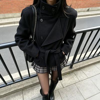 Wool Blend Coat Dark Retro Preppy Style Double Breasted Stand Collar Fashion Outerwear