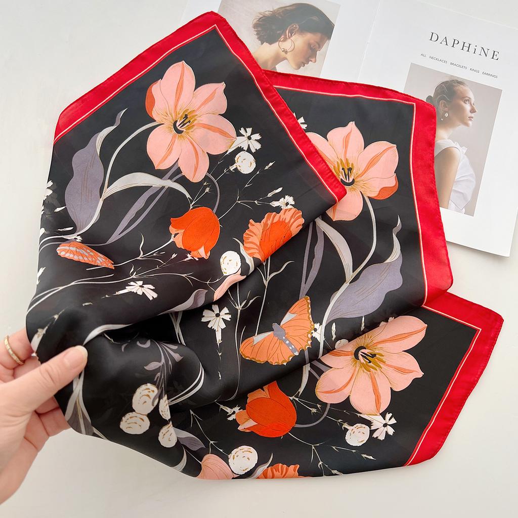 Summer Plant Flower Small Square Scarf Silk Scarf Women'S Headscarf With Shirt Professional Decoration Neck Protection Thin Scarf
