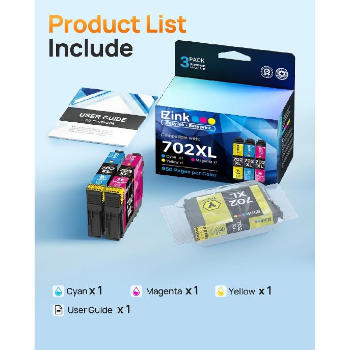 E-Z Ink Remanufactured Ink Cartridge Replacement for Epson 702XL T702XL High Yield Epson 702 T702 To Use with Workforce Pro WF-3720 WF-3730 WF-3733